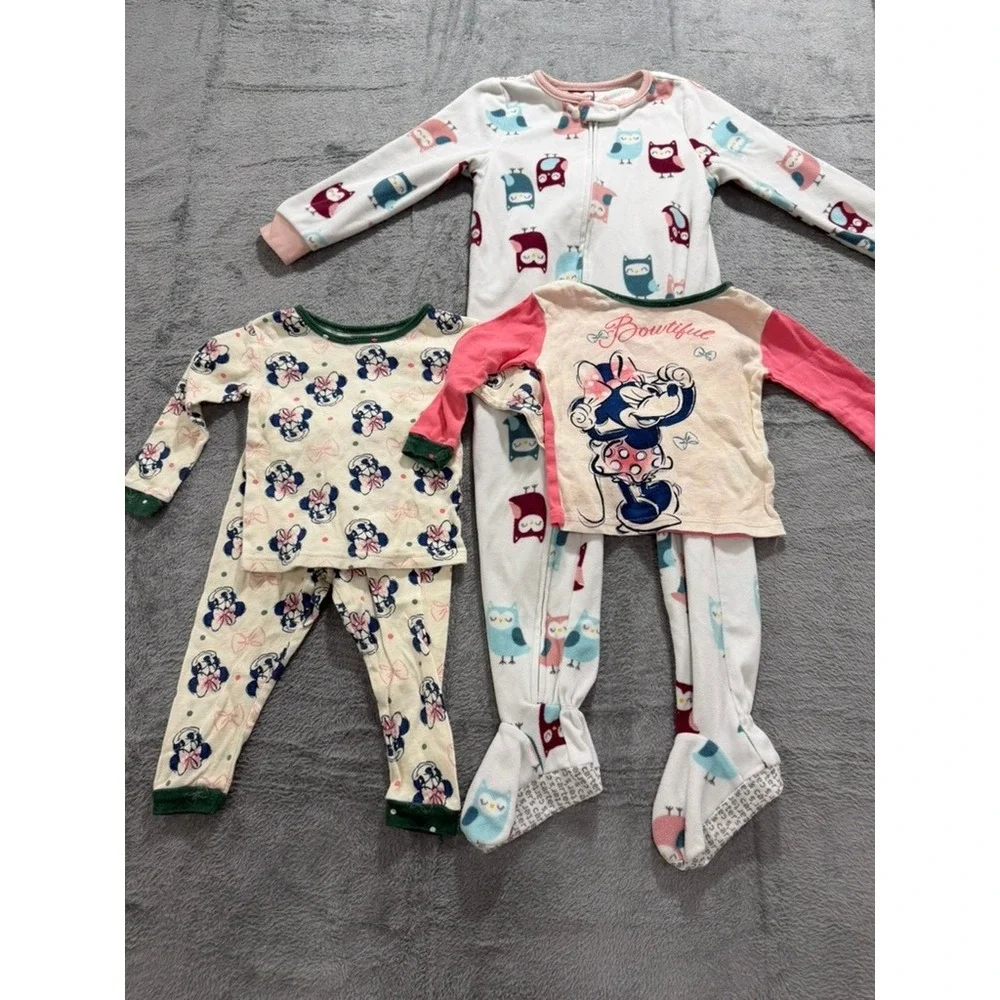 Disney Minnie‎ Mouse 2T Pajama Set & Carters 3T Owl Fleece Footed Sleeper Bundle